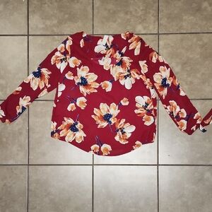 Allison Joy Poppy Print Long-Sleeve Blouse Split/Keyhole Sleeves  Size XS